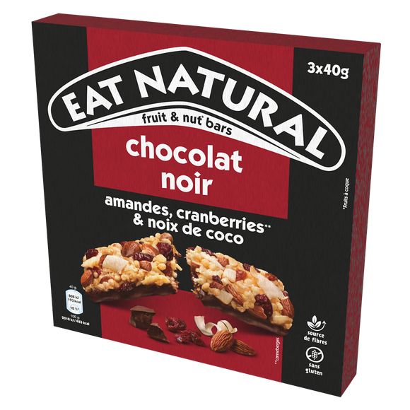 Barres de céréales chocolat noir amandes cranberries & noix de coco EAT NATURAL, 3x40g, 120g