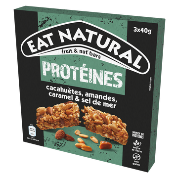 Barres céréales proteïnées cacahuètes amandes caramel salé EAT NATURAL, 3x40g, 120g