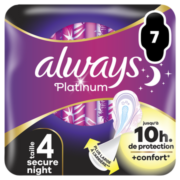 Serviettes hygiéniques avec ailettes ALWAYS platinum secure night, taille4, x7