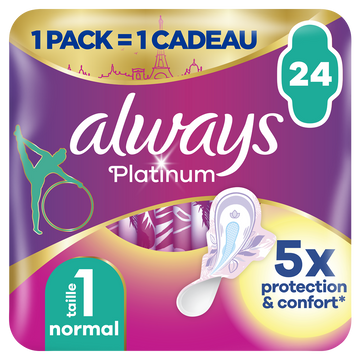Serviettes hygiéniques platinium normal + ALWAYS, sachet de 24