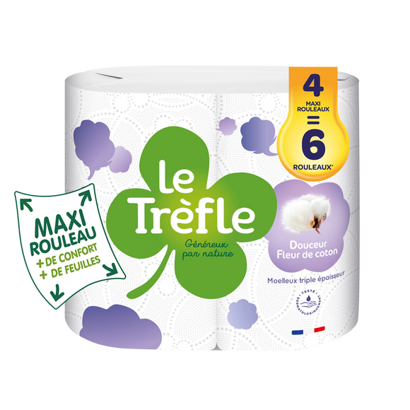 Papier toil.maxi feuil.dceur fl.de coton LE TREFLE 3P x4=6rlx