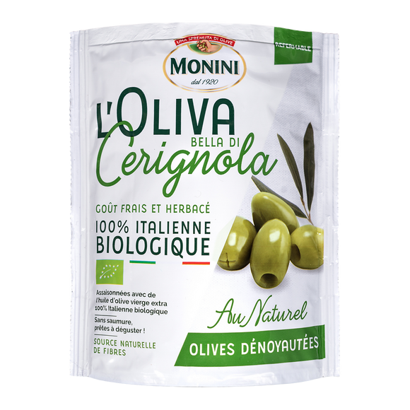 Olives vertes dénoyautées bio au naturel varieté Bella di Cerignola MONINI 150g