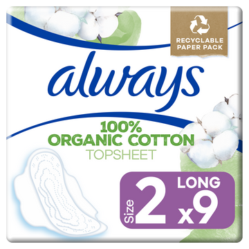 Serviettes protection hygiéniques ailettes long+ ALWAYS COTTON x9
