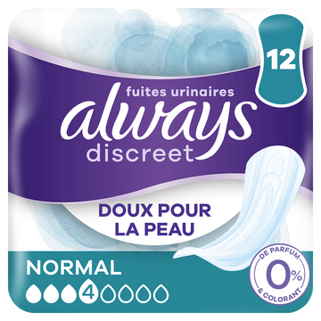 Serviettes hygiéniques discreet fuites urinaires 0% normal ALWAYS x12