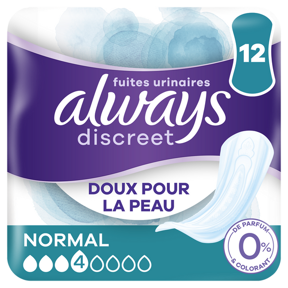 Serviettes hygiéniques discreet fuites urinaires 0% normal ALWAYS x12