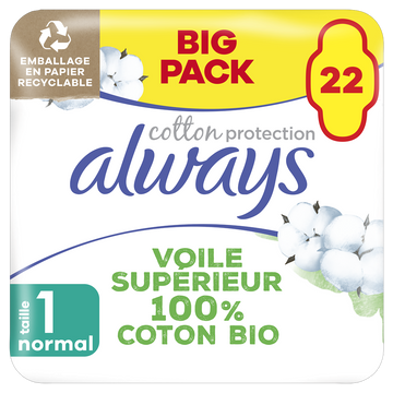 Serviettes hygiéniques cotton protection normal av.ailettes ALWAYS x22