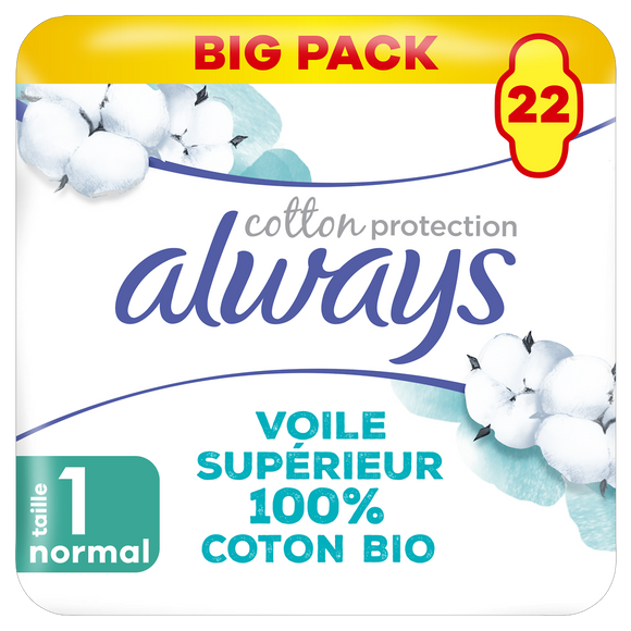 Serviettes hygiéniques cotton protection normal av.ailettes ALWAYS x22