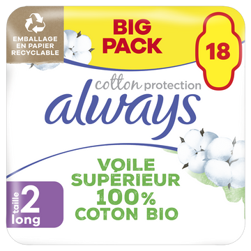 Serviettes hygiéniques cotton protection long avec ailettes ALWAYS x18