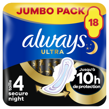 Serviettes secure night taille 4 ailettes ALWAYS ULTRA TAMPAX x18