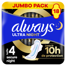 Serviettes ultra secure night ALWAYS taille 4 ailettes x18