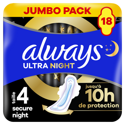 Serviettes ultra secure night ALWAYS taille 4 ailettes x18