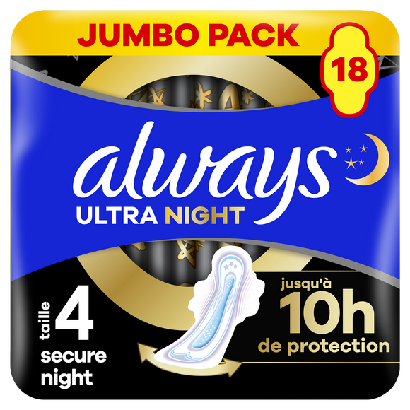 Serviettes ultra secure night ALWAYS taille 4 ailettes x18