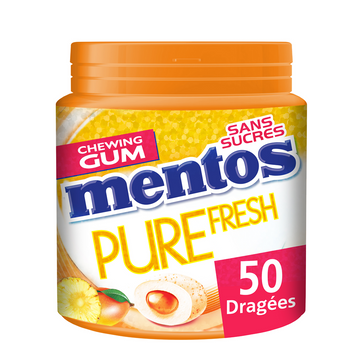 Chewing-gum sans sucre goût tropical MENTOS, boîte de 50 dragées soit100g