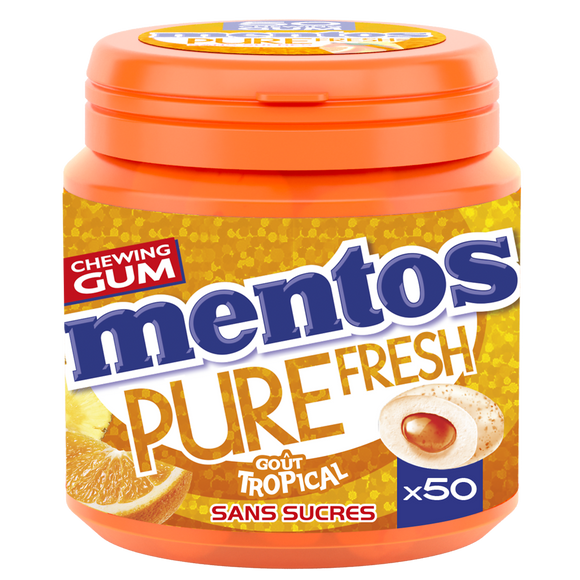 Chewing-gum sans sucre goût tropical MENTOS, boîte de 50 dragées soit100g