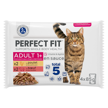 Sachets fraîcheur chat stérilisé poulet et boeuf en sauce PERFECT FIT- 4x85g