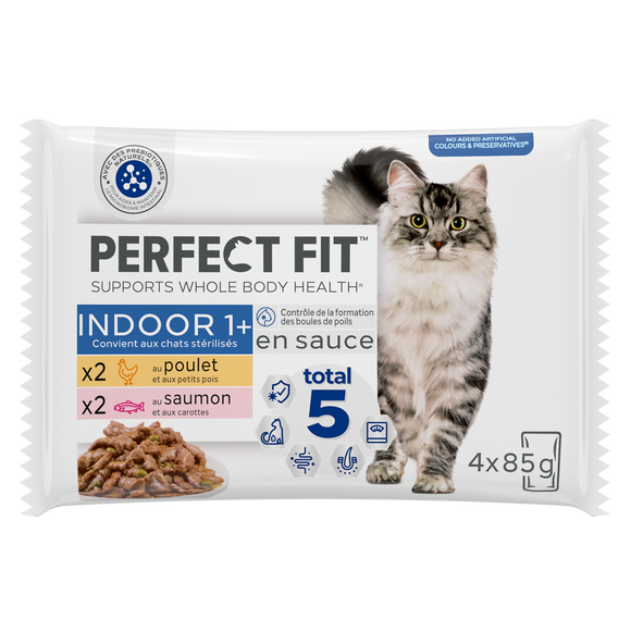 Sachet fraîcheur chat d'intérieur poulet saumon en sauce PERFECT FIT -4x85g