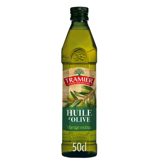 Huile d'olive vierge extra goût fruité et délicat TRAMIER bouteille enverre 50cl