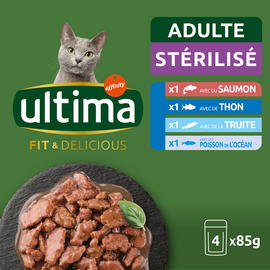 Sachets fraîcheur pour chats stérilisés saumon/thon/truite&poissons del'océan ULTIMA - 4x85g