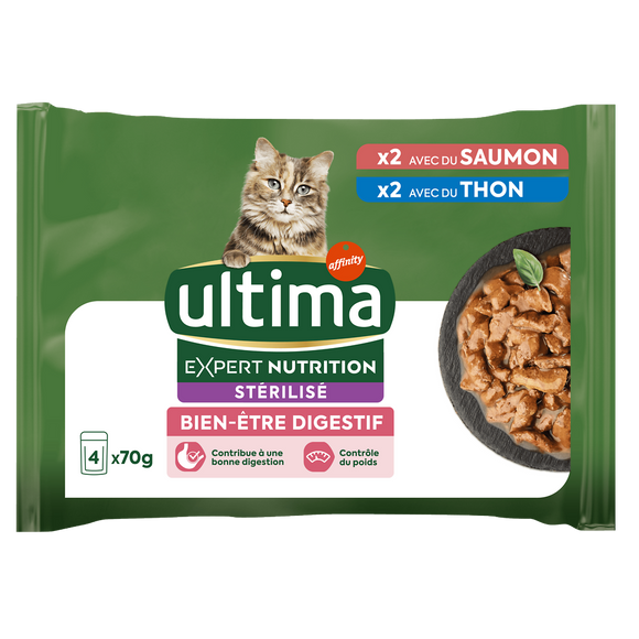 ULTIMA Expert Nutrition Chat Stérilisé Bien-Être Digestif 2 saumon 2x70g 2 thon 2x70g 4x70g
