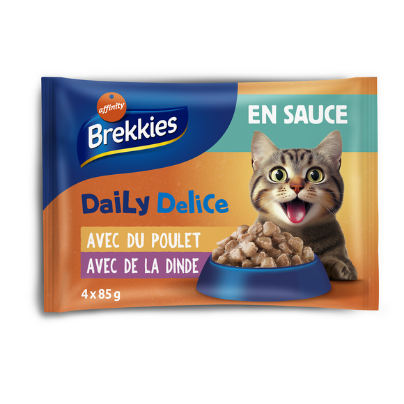Repas pour chat au poulet et à la dinde en sauce BREKKIES sachets 4x85g
