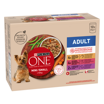 Pâtée pour petit chien (1-10kg) boeuf poulet agneau PURINA ONE portion10x85g