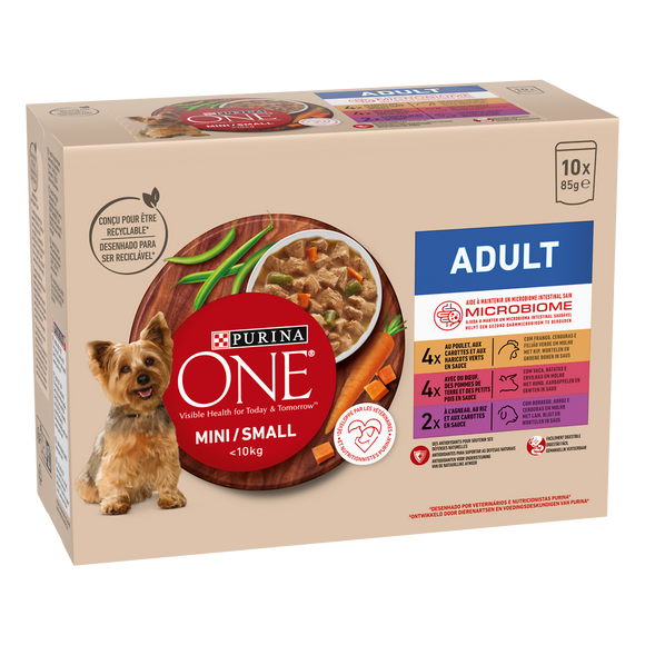 Pâtée pour petit chien (1-10kg) boeuf poulet agneau PURINA ONE portion10x85g