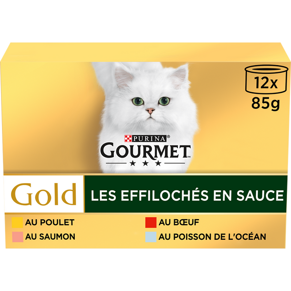 Sachets fraîcheur pour chat Les Effilochés en Sauce GOURMET GOLD, 12x85g