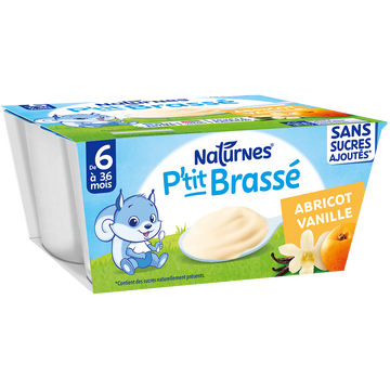NESTLE P'TIT BRASSE - Dessert lacté pour bébés à l'abricot avec arômesnaturels, de 6 à 12 mois - 4x90g