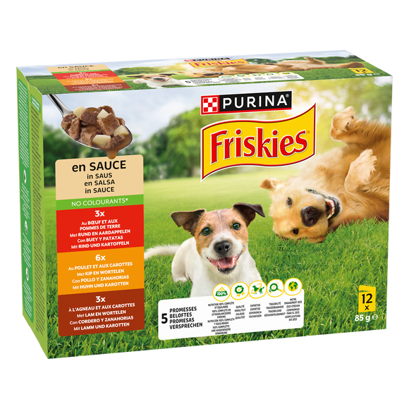 Pâtée pour chiens aux Viandes et Légumes en Sauce FRISKIES boîte 12x85g