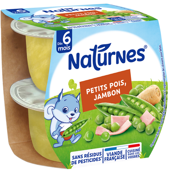 NESTLE NATURNES - Plat bébé du midi Petit pois jambon, de 6 à 12 mois- 2x190g - Repas bébé