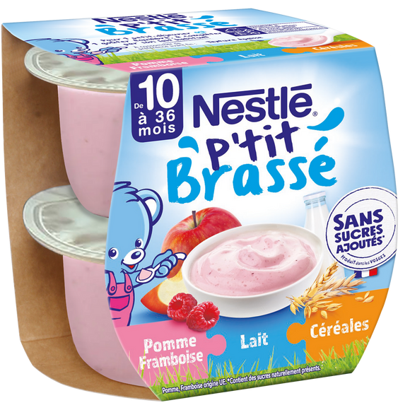 Desserts lactés P'TIT BRASSE 3 EN 1 Pomme framboise 10M+ NESTLE - 2x115g