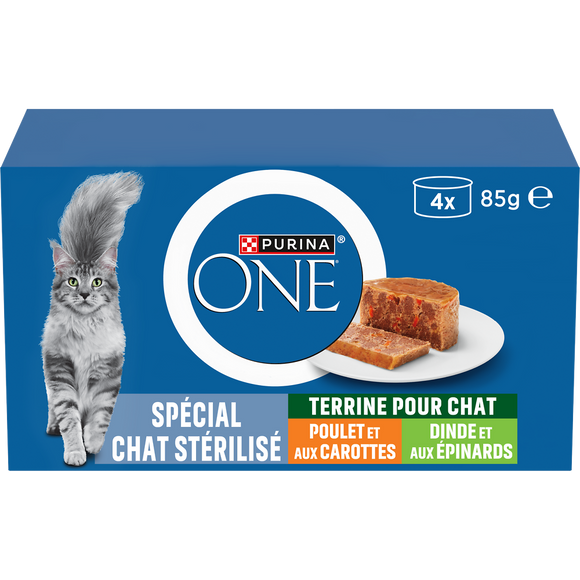 Terrine au poulet et aux carottes et à la dinde et aux épinards pour chat stérilisé Purina ONE x4 85g
