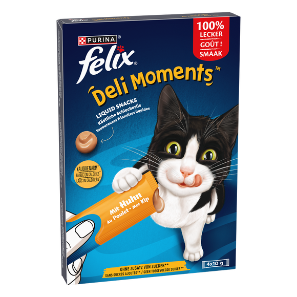 Deli Moments, de savoureuses friandises liquides pour chat au poulet FELIX 4x10g