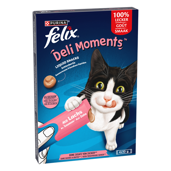 Deli Moments de savoureuses friandises liquides pour chat au saumon FELIX 4x10g