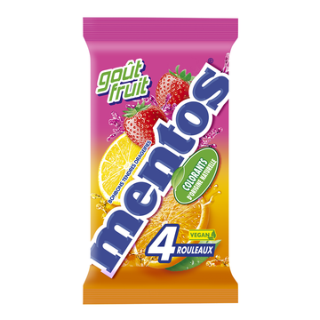 Bonbons tendres dragéifiés goût fruits MENTOS, 4 rouleaux, 152g