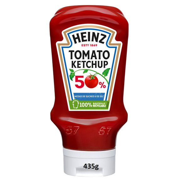 Tomato Ketchup -50% sel & sucre, HEINZ, Top Down, 435g