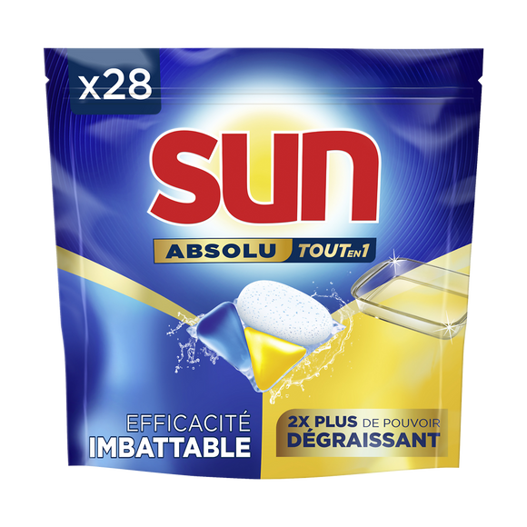 Capsules lave-vaisselle tout en 1 absolu dégraissant SUN 28 lavages