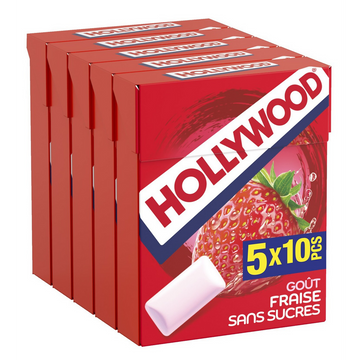 Chewing gum sans sucres parfum fraise HOLLYWOOD, 5x10dragées, 70g